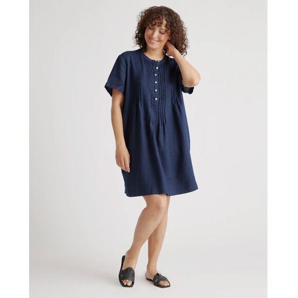 Quince 100% European Linen Short Sleeve Swing Dress SZ LARGE Deep Navy EUC - Picture 1 of 15